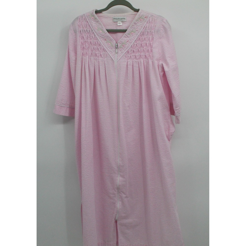 Miss Elaine Petites Pink Seersucker Zip Front Robe Smocked Housecoat PM NWOT